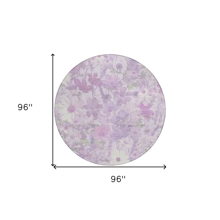 8' Lavender Purple And Lilac Round Floral Washable Indoor Outdoor Area Rug