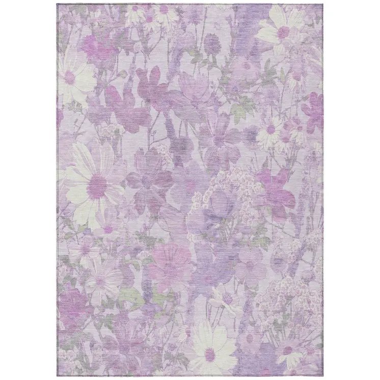 8' X 10' Lavender Purple And Lilac Floral Washable Indoor Outdoor Area Rug