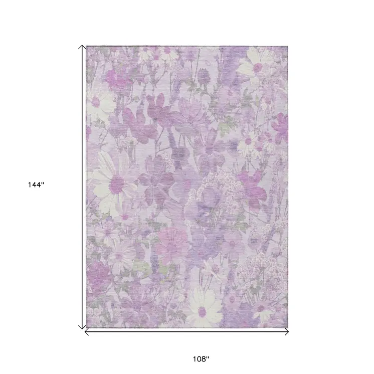 9' X 12' Lavender Purple And Lilac Floral Washable Indoor Outdoor Area Rug