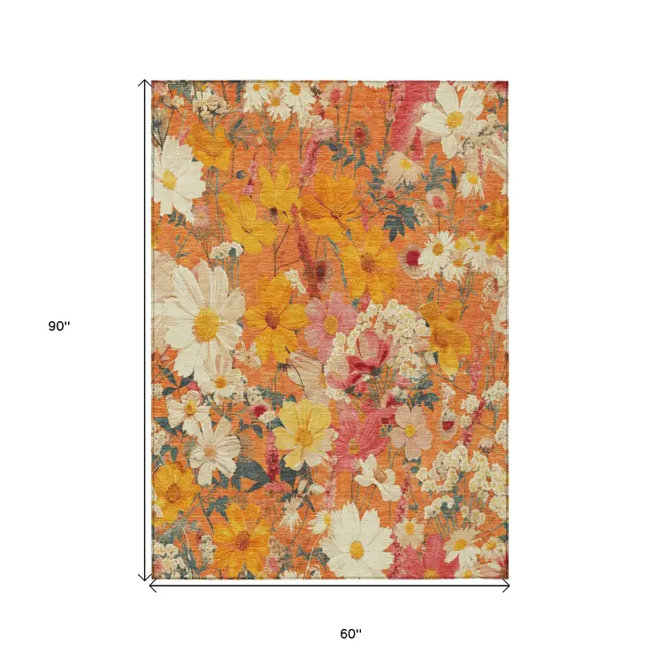 5' X 8' Orange Peach And Salmon Floral Washable Indoor Outdoor Area Rug