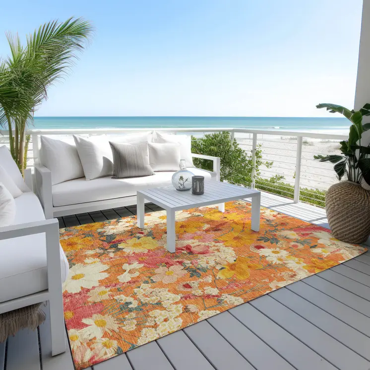 5' X 8' Orange Peach And Salmon Floral Washable Indoor Outdoor Area Rug