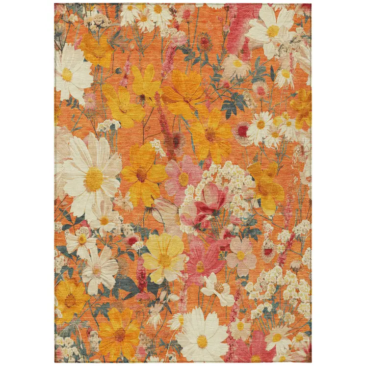 5' X 8' Orange Peach And Salmon Floral Washable Indoor Outdoor Area Rug