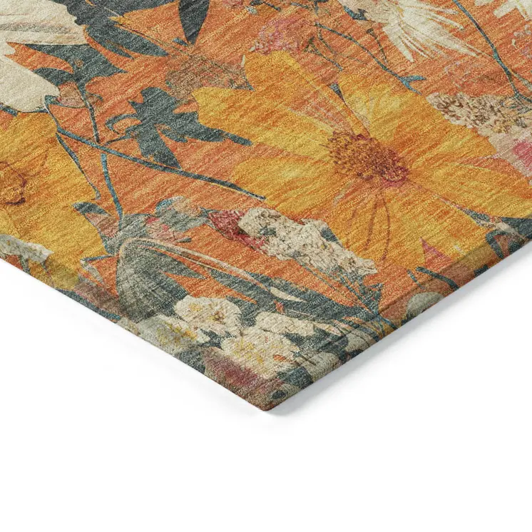 5' X 8' Orange Peach And Salmon Floral Washable Indoor Outdoor Area Rug