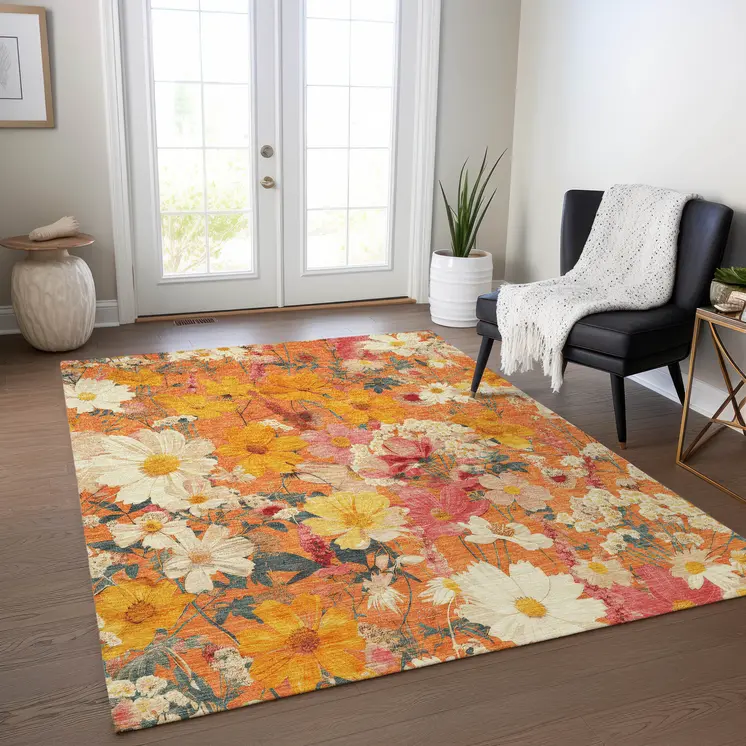 5' X 8' Orange Peach And Salmon Floral Washable Indoor Outdoor Area Rug