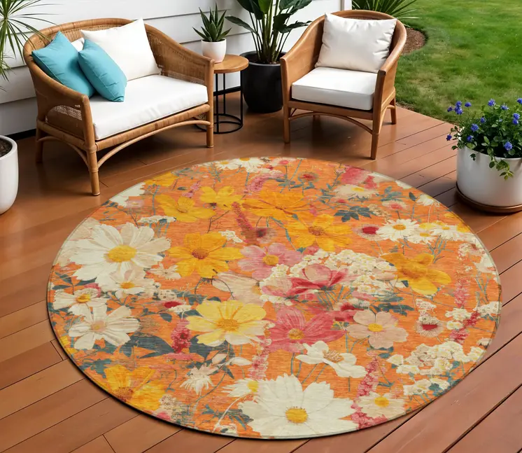 8' Orange Peach And Salmon Round Floral Washable Indoor Outdoor Area Rug