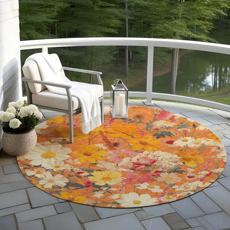 8' Orange Peach And Salmon Round Floral Washable Indoor Outdoor Area Rug