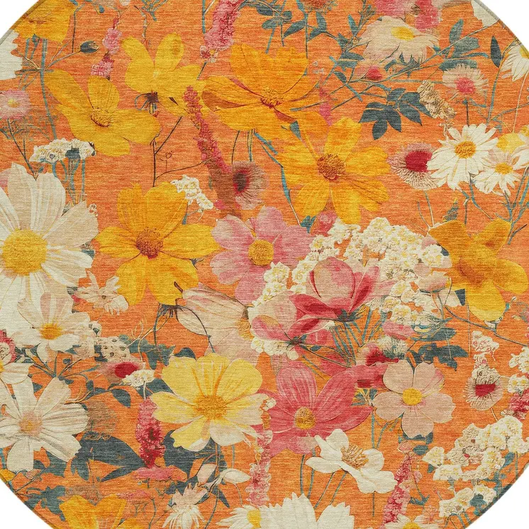 8' Orange Peach And Salmon Round Floral Washable Indoor Outdoor Area Rug