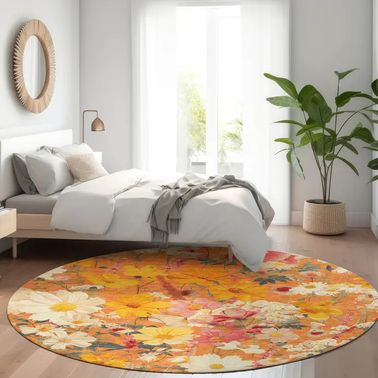 8' Orange Peach And Salmon Round Floral Washable Indoor Outdoor Area Rug