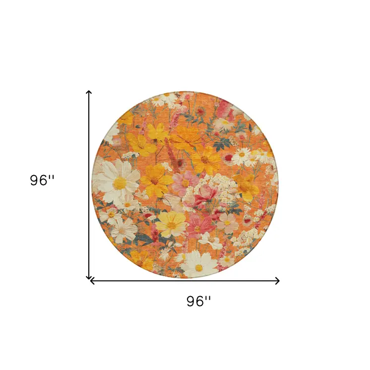 8' Orange Peach And Salmon Round Floral Washable Indoor Outdoor Area Rug