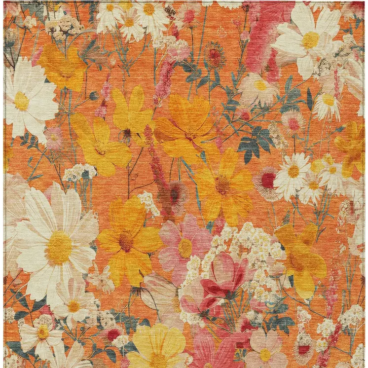 9' X 12' Orange Peach And Salmon Floral Washable Indoor Outdoor Area Rug