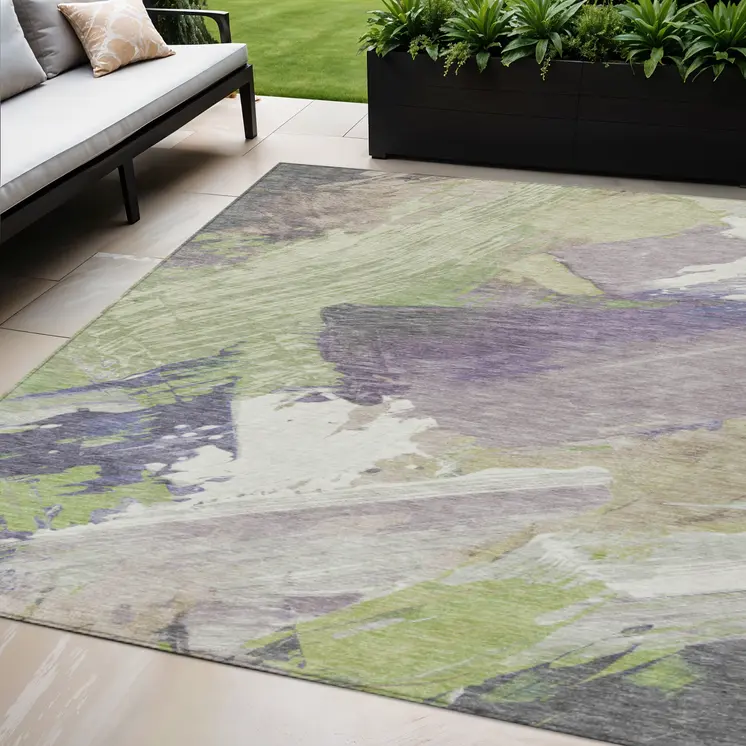 5' X 8' Artichoke Green Fern Green And Lilac Abstract Washable Indoor Outdoor Area Rug
