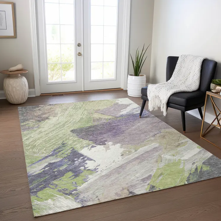 5' X 8' Artichoke Green Fern Green And Lilac Abstract Washable Indoor Outdoor Area Rug