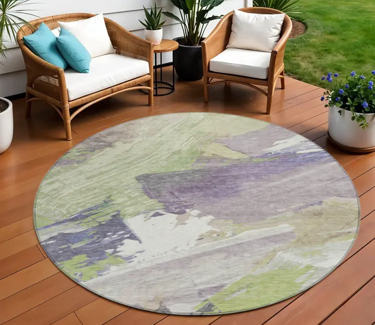 8' Artichoke Green Fern Green And Lilac Round Abstract Washable Indoor Outdoor Area Rug