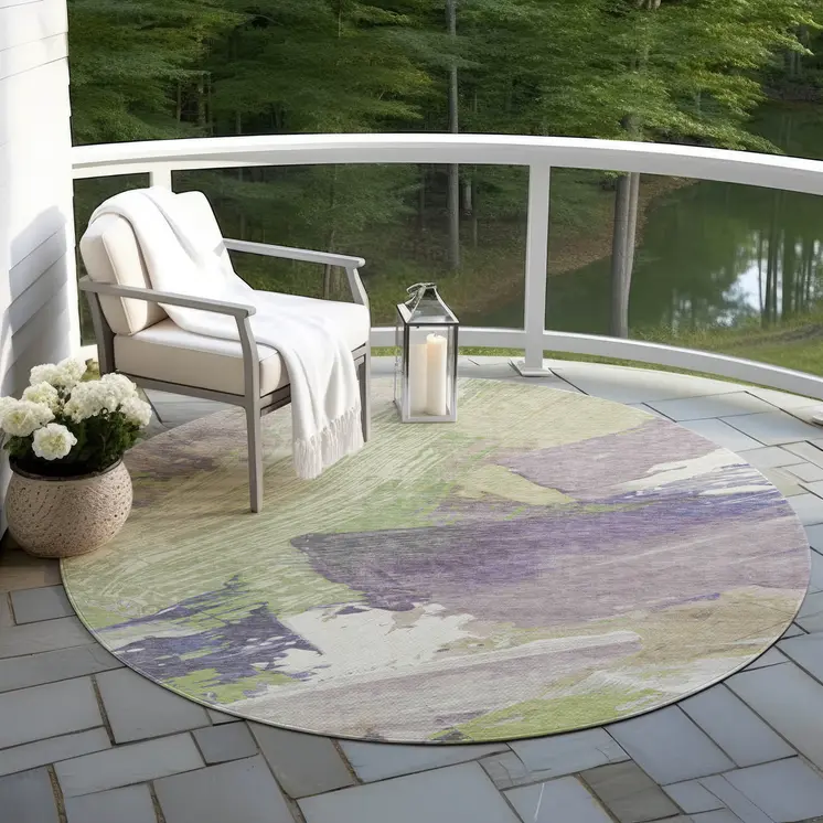 8' Artichoke Green Fern Green And Lilac Round Abstract Washable Indoor Outdoor Area Rug