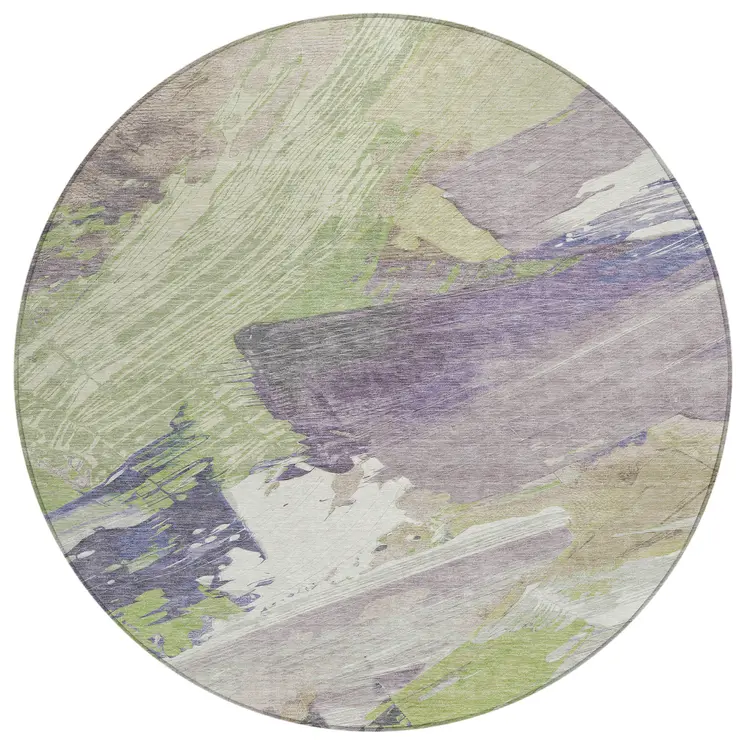 8' Artichoke Green Fern Green And Lilac Round Abstract Washable Indoor Outdoor Area Rug