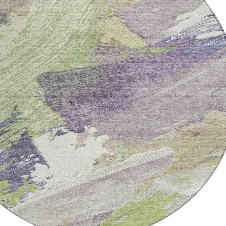 8' Artichoke Green Fern Green And Lilac Round Abstract Washable Indoor Outdoor Area Rug
