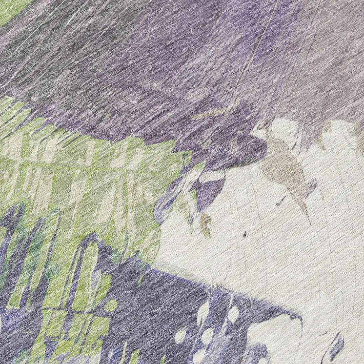 8' Artichoke Green Fern Green And Lilac Round Abstract Washable Indoor Outdoor Area Rug