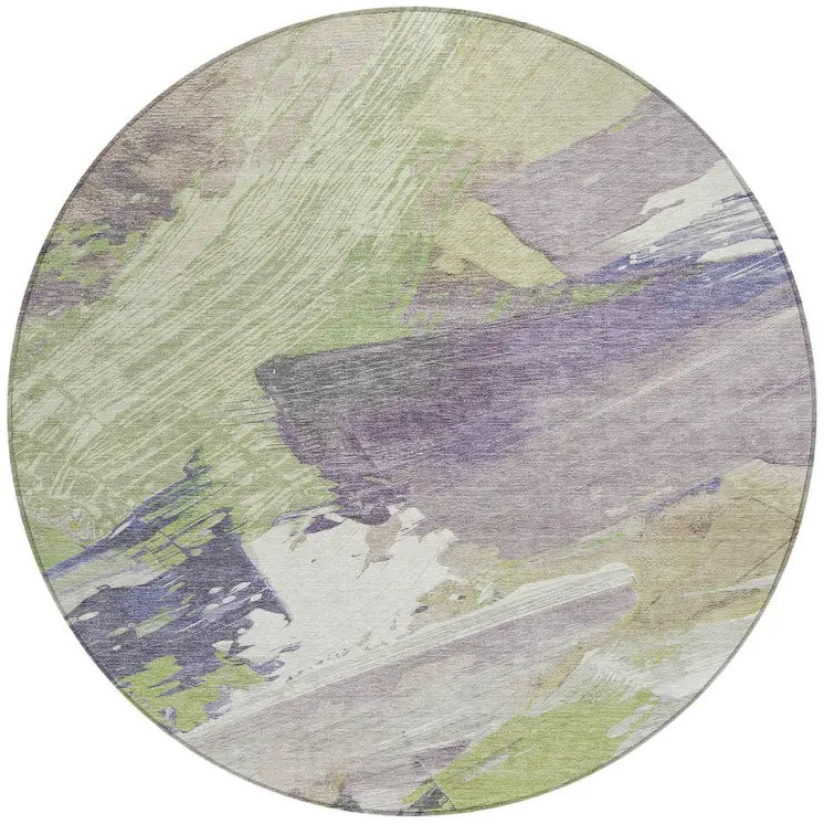 8' Artichoke Green Fern Green And Lilac Round Abstract Washable Indoor Outdoor Area Rug
