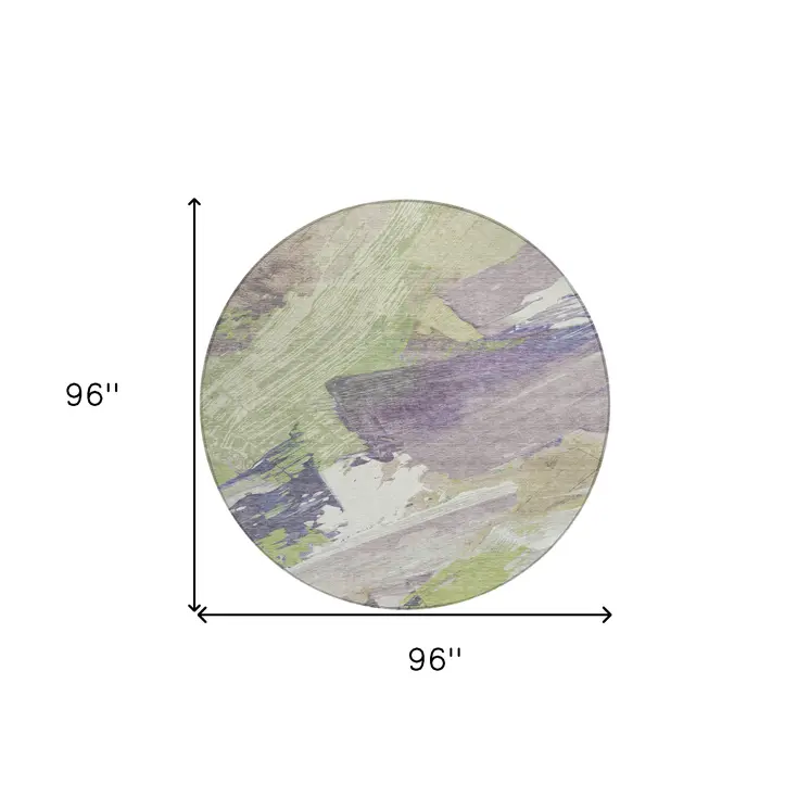 8' Artichoke Green Fern Green And Lilac Round Abstract Washable Indoor Outdoor Area Rug