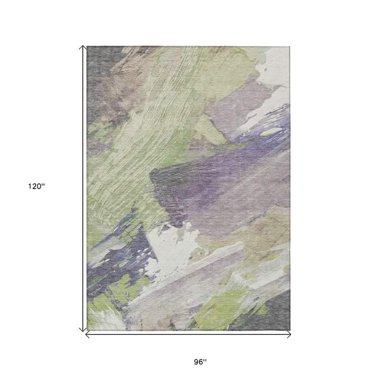 8' X 10' Artichoke Green Fern Green And Lilac Abstract Washable Indoor Outdoor Area Rug