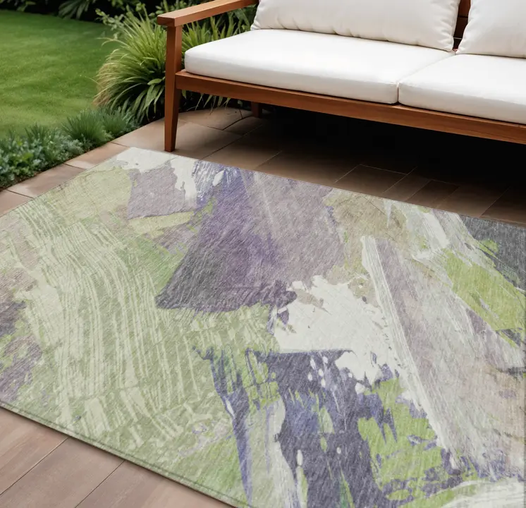8' X 10' Artichoke Green Fern Green And Lilac Abstract Washable Indoor Outdoor Area Rug