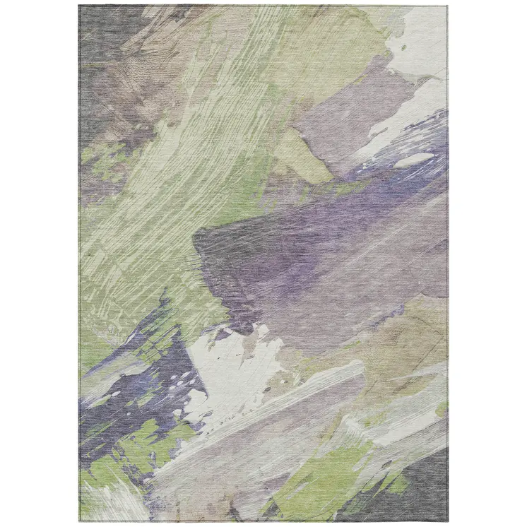 8' X 10' Artichoke Green Fern Green And Lilac Abstract Washable Indoor Outdoor Area Rug