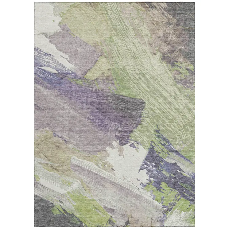 9' X 12' Artichoke Green Fern Green And Lilac Abstract Washable Indoor Outdoor Area Rug