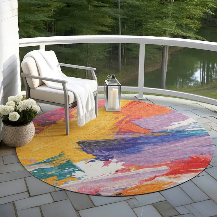 8' Gold Purple And Teal Blue Round Abstract Washable Indoor Outdoor Area Rug