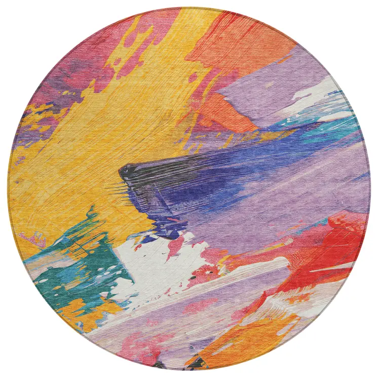 8' Gold Purple And Teal Blue Round Abstract Washable Indoor Outdoor Area Rug