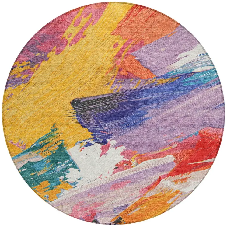 8' Gold Purple And Teal Blue Round Abstract Washable Indoor Outdoor Area Rug