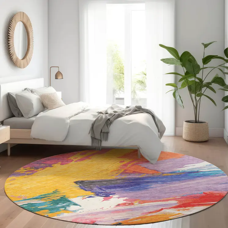 8' Gold Purple And Teal Blue Round Abstract Washable Indoor Outdoor Area Rug