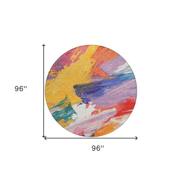 8' Gold Purple And Teal Blue Round Abstract Washable Indoor Outdoor Area Rug