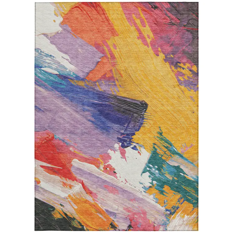 9' X 12' Gold Purple And Teal Blue Abstract Washable Indoor Outdoor Area Rug