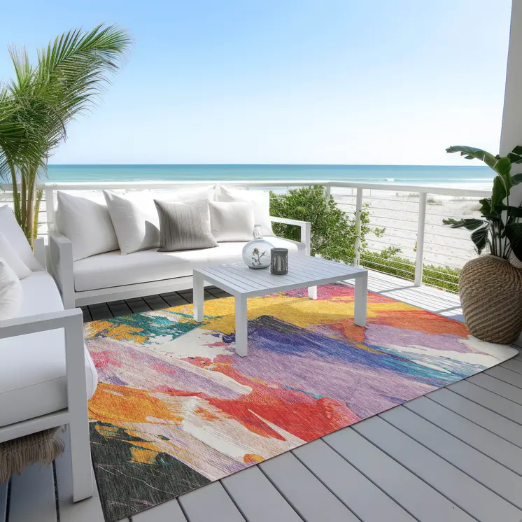 10' X 14' Gold Purple And Teal Blue Abstract Washable Indoor Outdoor Area Rug