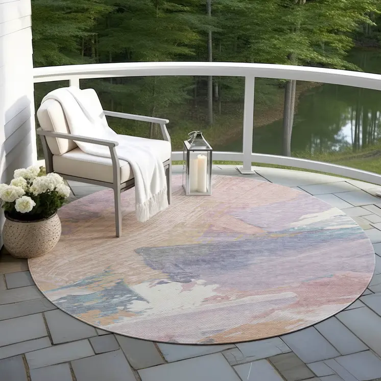 8' Pink Mauve And Lavender Round Abstract Washable Indoor Outdoor Area Rug