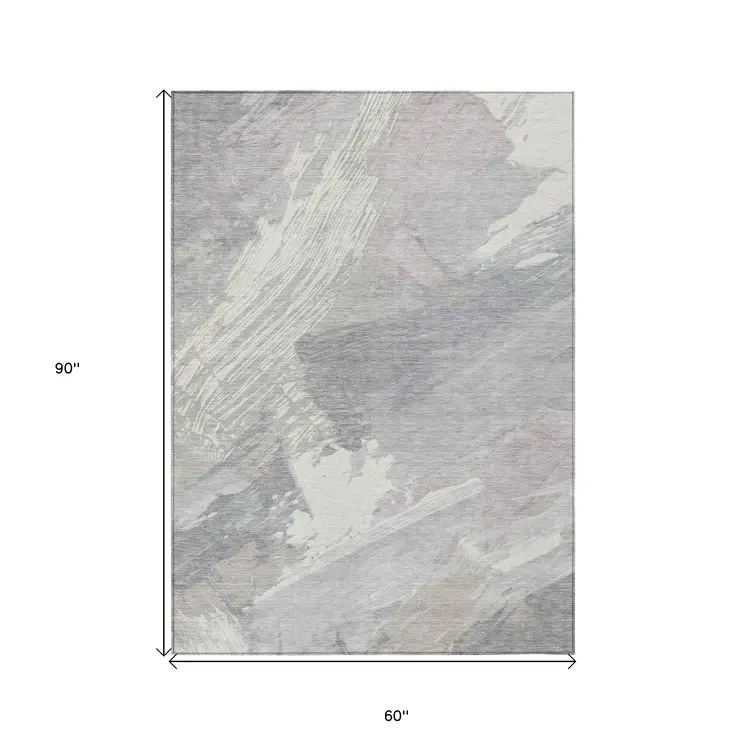 5' X 8' Ivory And Gray Abstract Washable Indoor Outdoor Area Rug