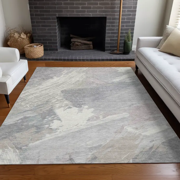 5' X 8' Ivory And Gray Abstract Washable Indoor Outdoor Area Rug