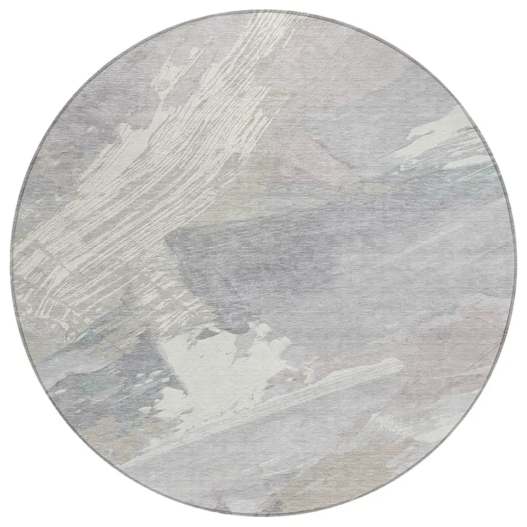 8' Ivory And Gray Round Abstract Washable Indoor Outdoor Area Rug
