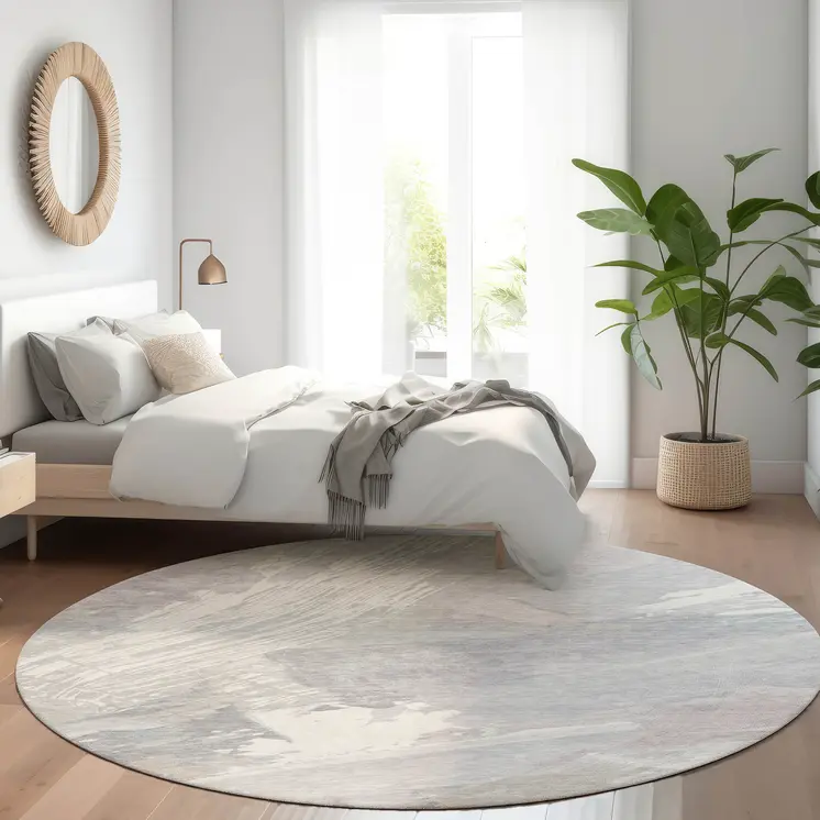 8' Ivory And Gray Round Abstract Washable Indoor Outdoor Area Rug