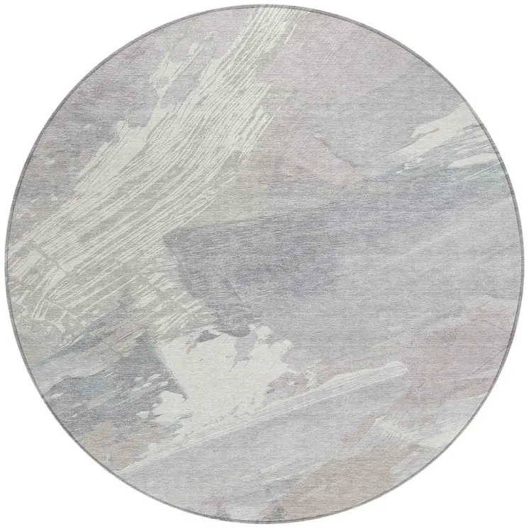 8' Ivory And Gray Round Abstract Washable Indoor Outdoor Area Rug