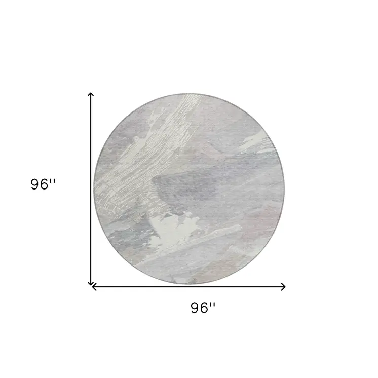 8' Ivory And Gray Round Abstract Washable Indoor Outdoor Area Rug