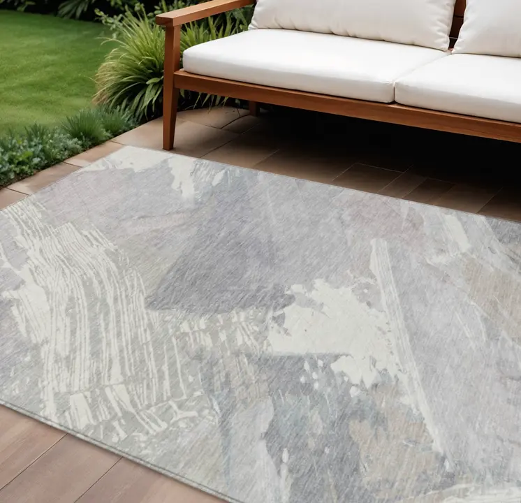 10' X 14' Ivory And Gray Abstract Washable Indoor Outdoor Area Rug