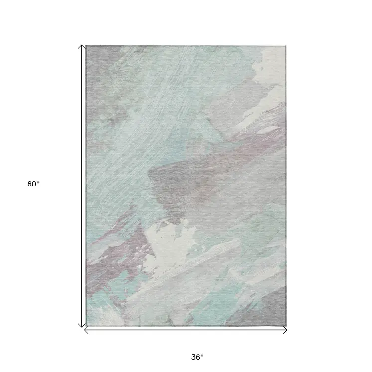 3' X 5' Blue Teal Blue And Gray Abstract Washable Indoor Outdoor Area Rug