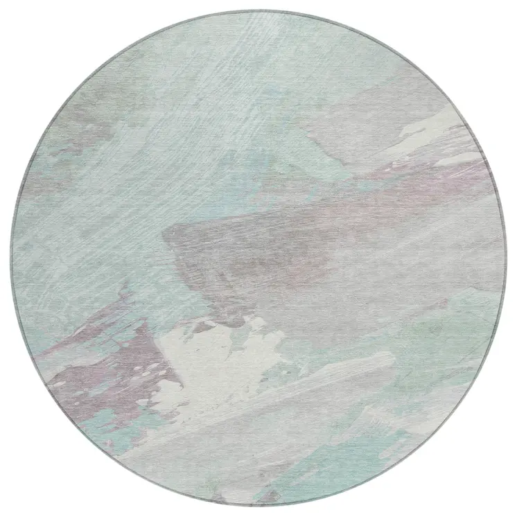 8' Blue Teal Blue And Gray Round Abstract Washable Indoor Outdoor Area Rug