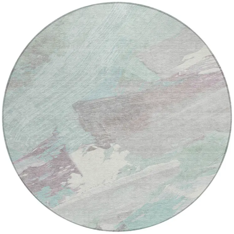 8' Blue Teal Blue And Gray Round Abstract Washable Indoor Outdoor Area Rug