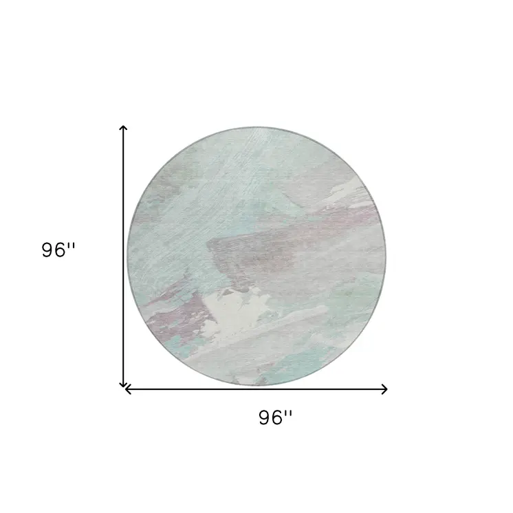 8' Blue Teal Blue And Gray Round Abstract Washable Indoor Outdoor Area Rug