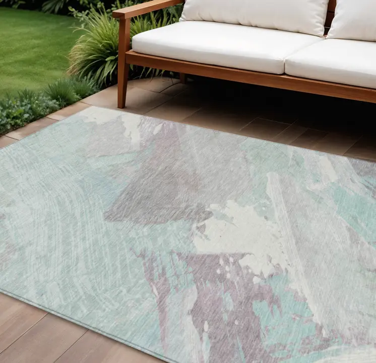 10' X 14' Blue Teal Blue And Gray Abstract Washable Indoor Outdoor Area Rug