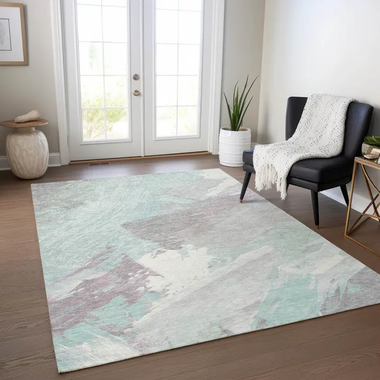 10' X 14' Blue Teal Blue And Gray Abstract Washable Indoor Outdoor Area Rug