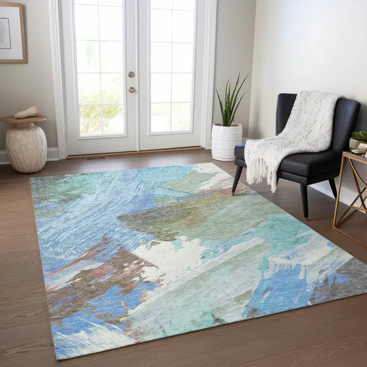 3' X 5' Sky Blue And Teal Blue Abstract Washable Indoor Outdoor Area Rug