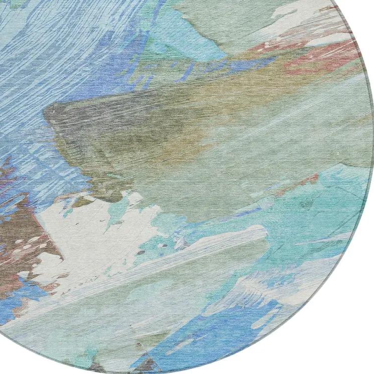 8' Sky Blue And Teal Blue Round Abstract Washable Indoor Outdoor Area Rug